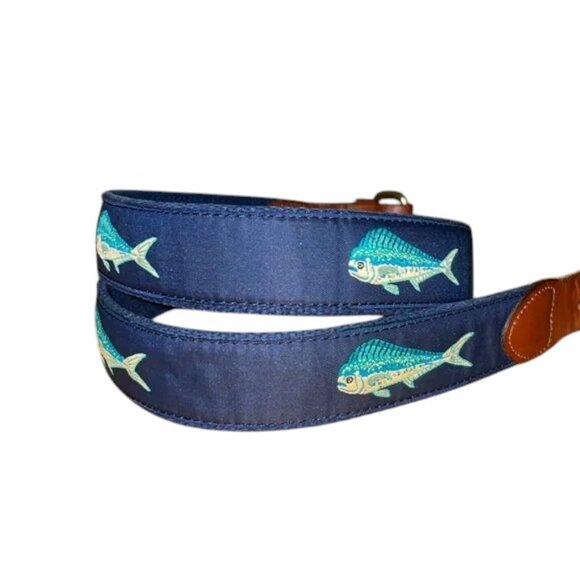 Man Ltd. Mahi Dolphin Leather Blue Canvas Belt with Brass Buckle Men`s size 36 - Picture 2 of 5